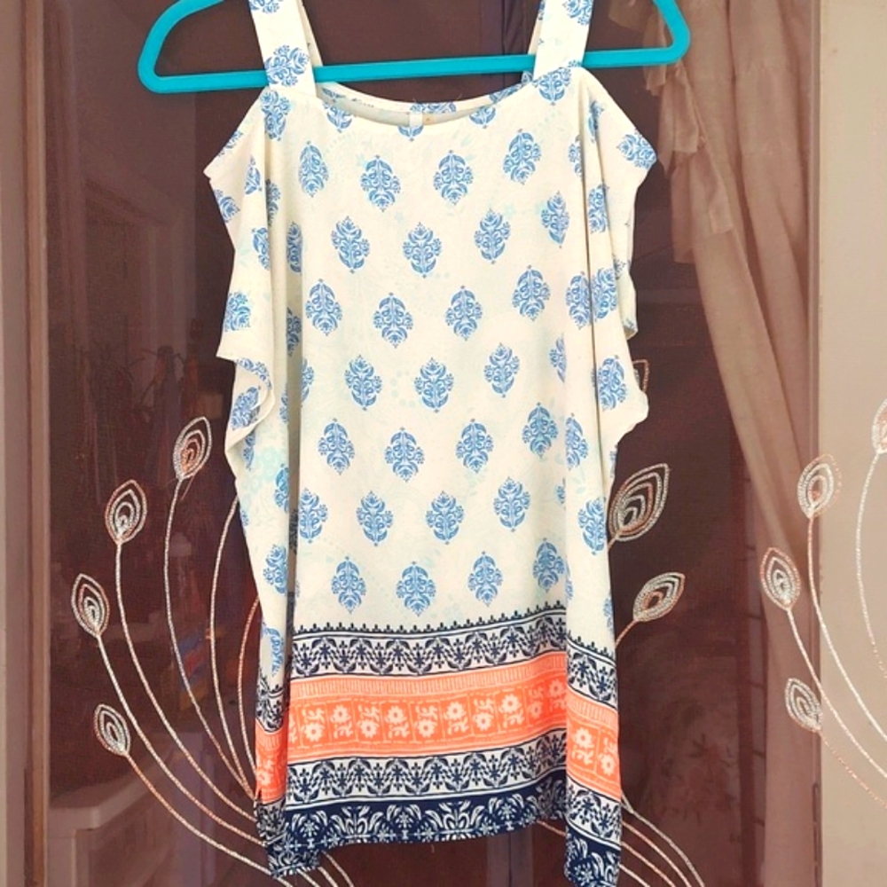 Mittoshop Blue Orange Open Cold  Shoulder Boho Blouse tunic Top Sz M